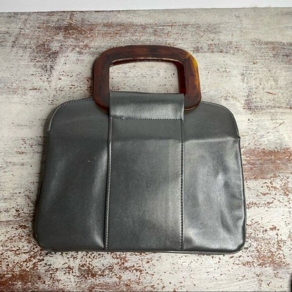 Vintage 1950s 59s 1960s 69s grey leather Brown Lucite handle purse - Picture 6 of 10